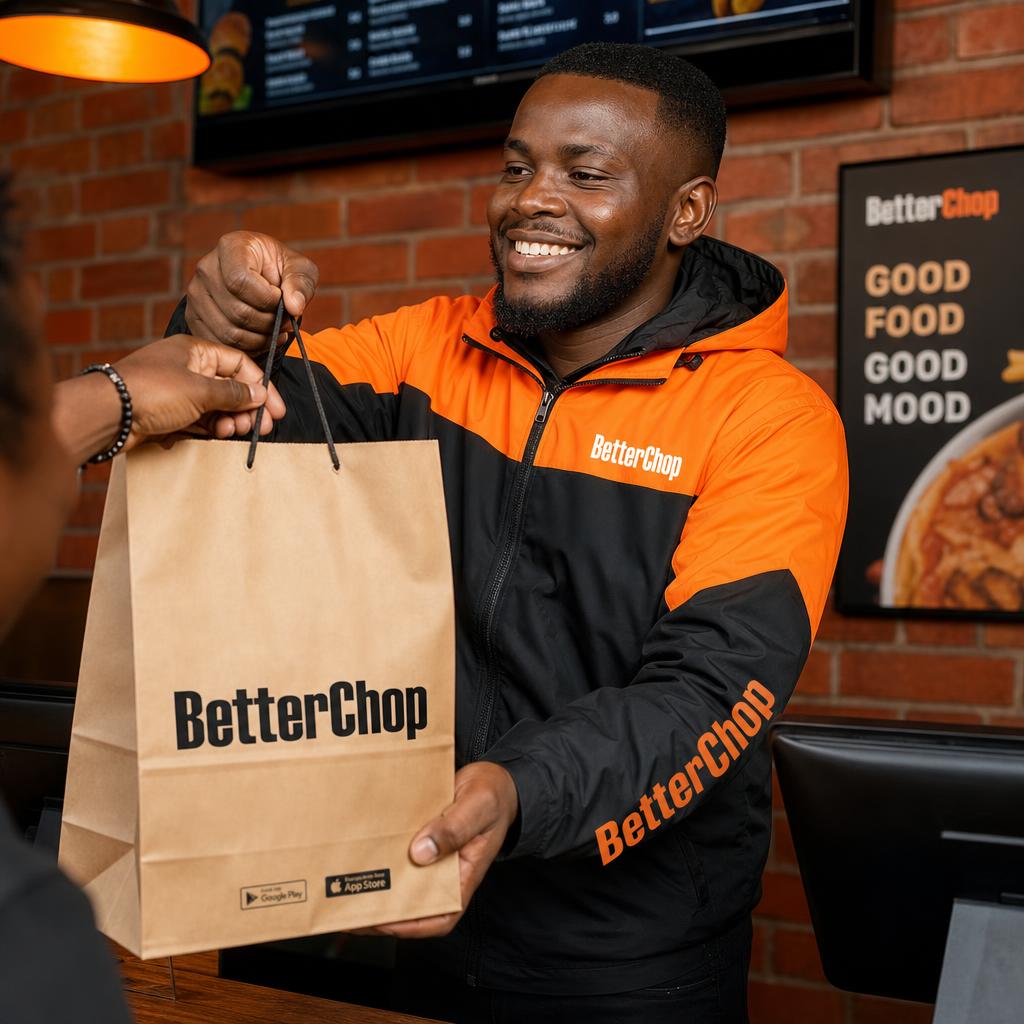BetterChop courier handing a branded takeout bag to a customer