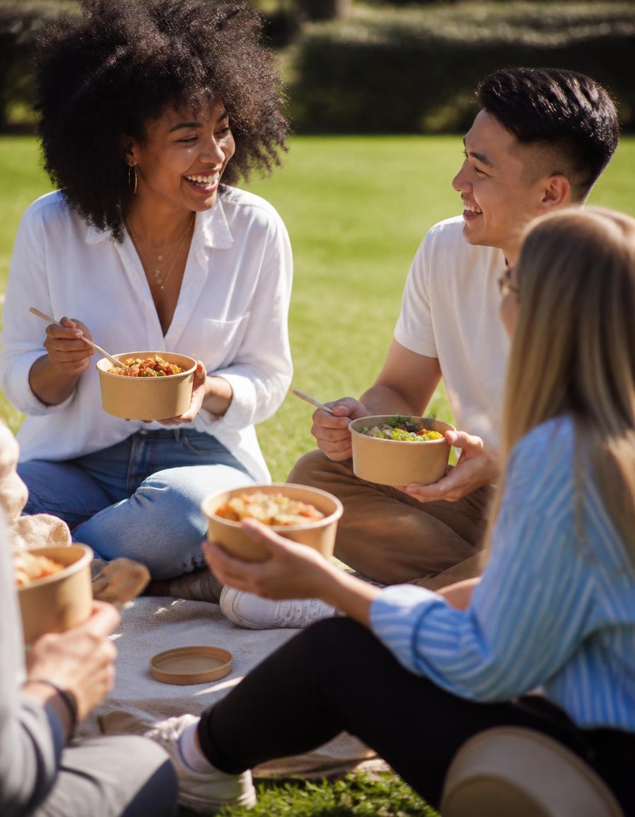 Friends sharing fresh BetterChop meals outdoors