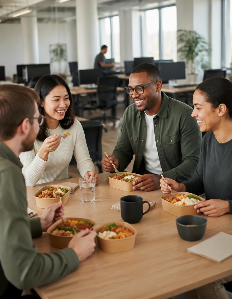 Colleagues enjoying fresh BetterChop meals on a lunch break