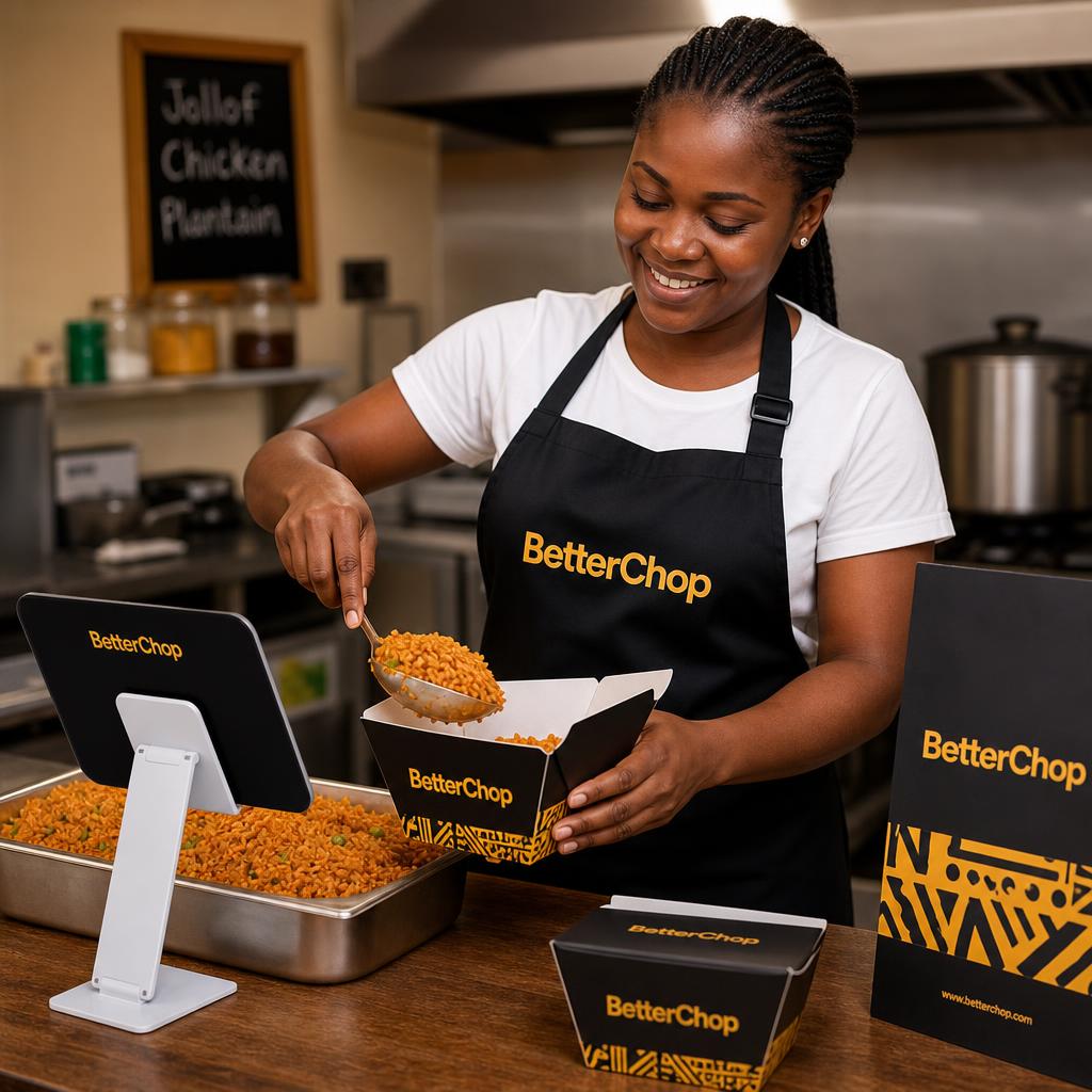 Nigerian food vendor packing meals in BetterChop branded containers