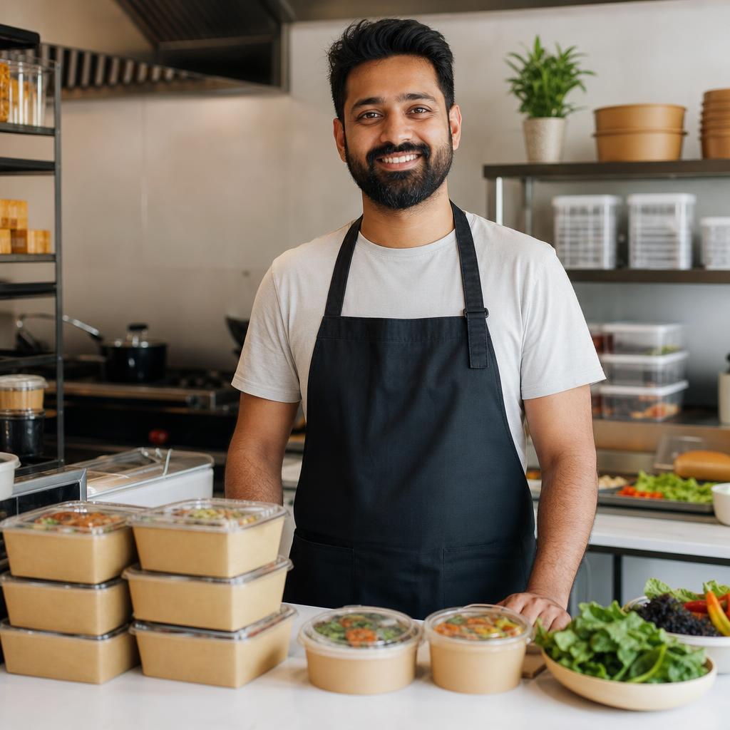 Food vendor packing fresh meals in eco-friendly containers