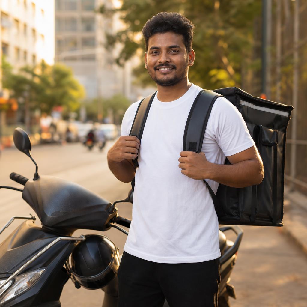BetterChop rider with thermal delivery bag beside a scooter