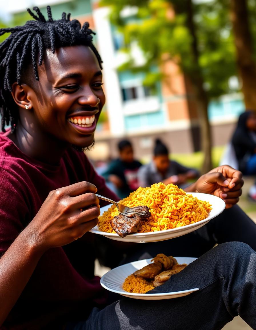 Nigerian student enjoying jollof rice on campus