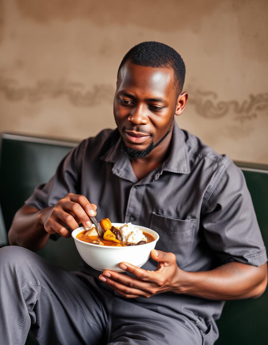 Nigerian worker enjoying amala with ewedu soup at lunch break